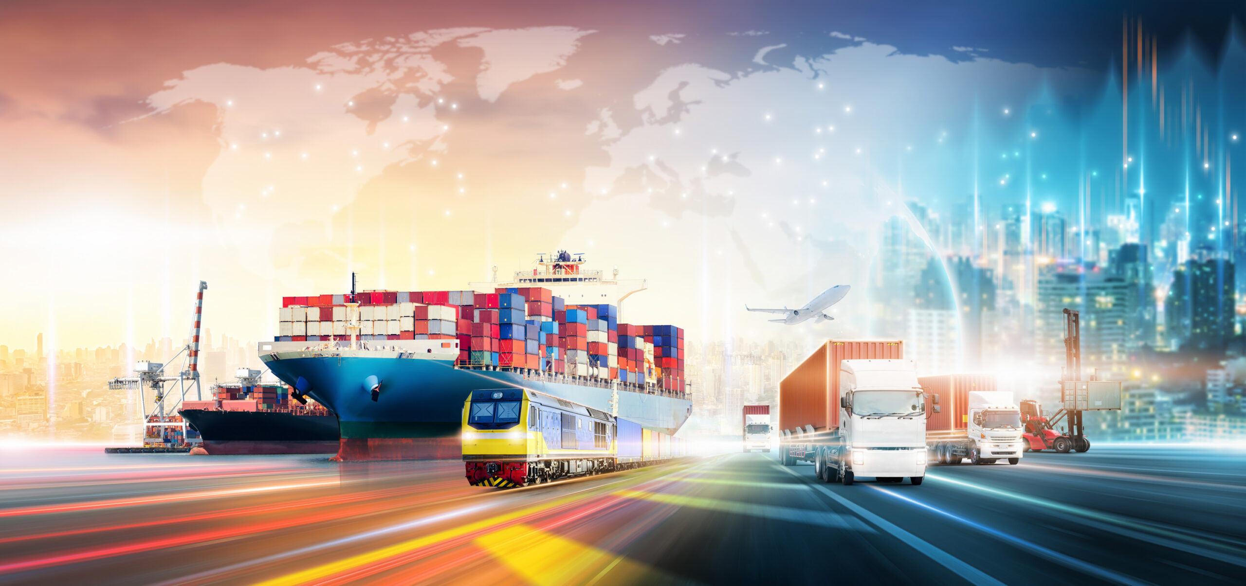 Global Freight Forwarding network distribution on world map background, Smart logistics import export and transportation industrial concept of container cargo freight ship, Truck on highway