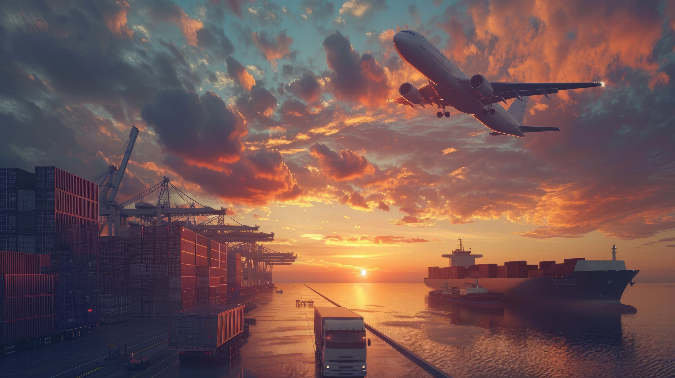 Majestic sunset sky with a big ship, container truck, and airplane, focusing on the logistics of container cargo and sea freight shipping